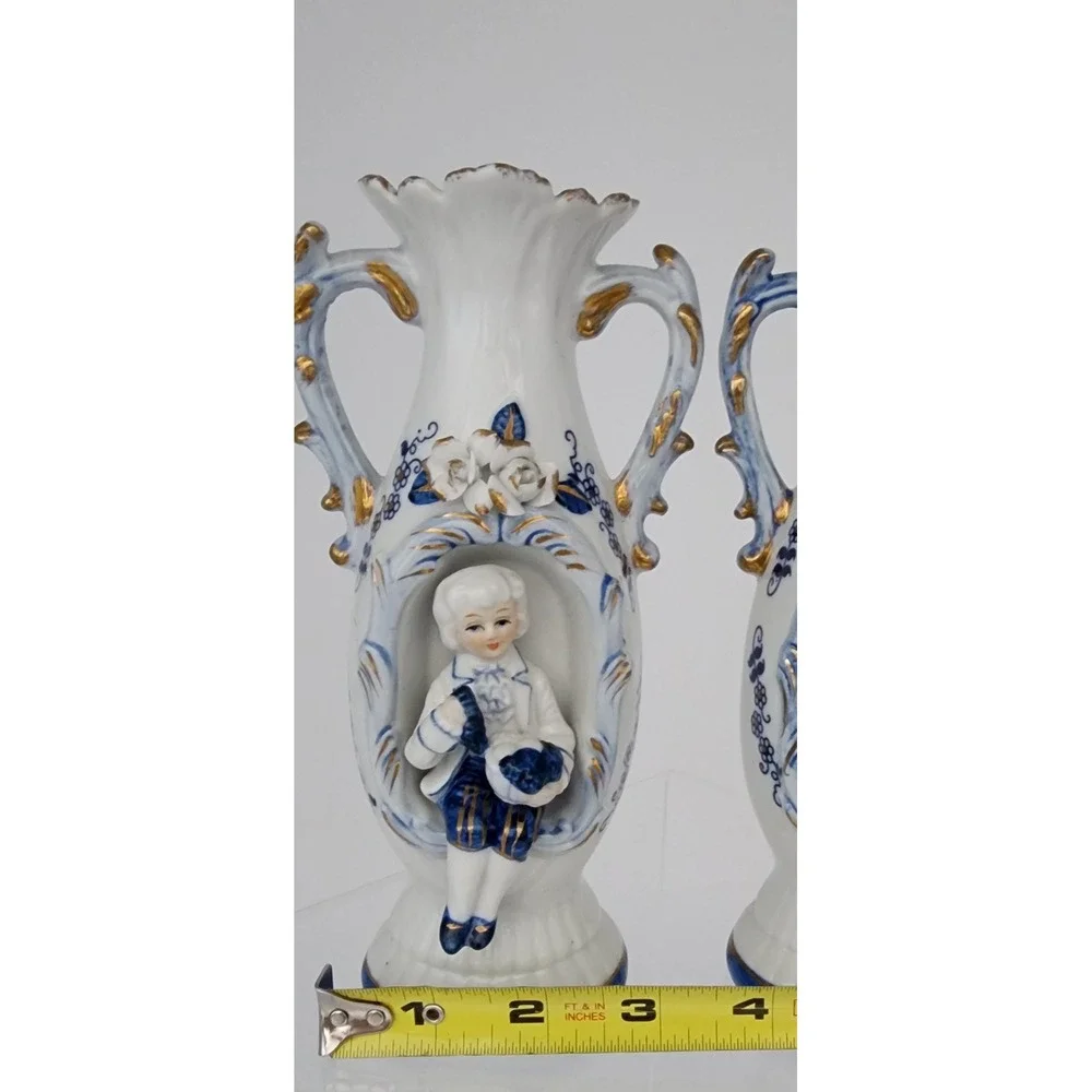 Allied Japan Porcelain Figural Vases Set of 2 Blue White Gold Victorian 3D EXC
